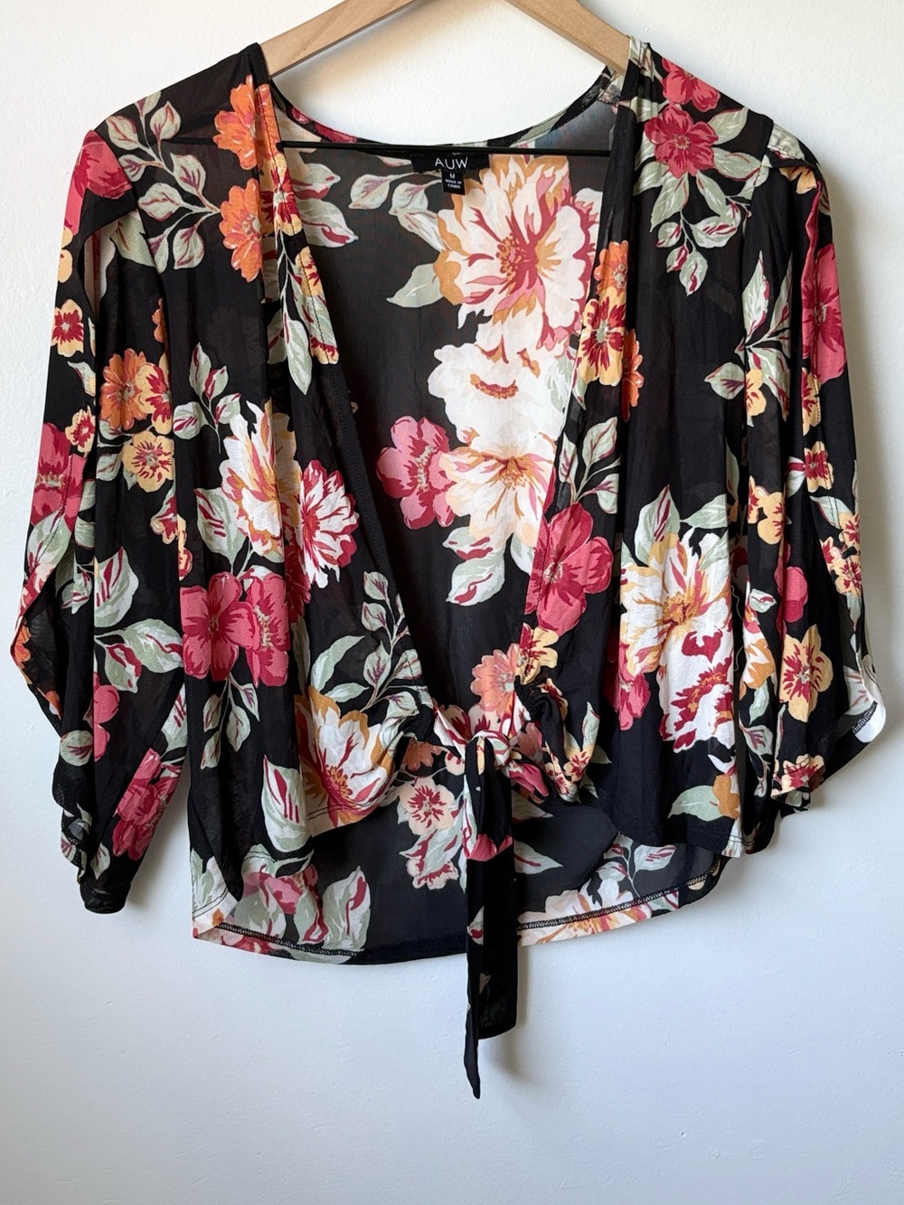 NWT AUW black floral tie front cropped blouse